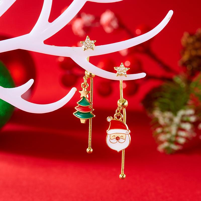 Asymmetric Moving Santa Claus Christmas Tree Drop Earrings For Women Zircon Star Snowman Bell Long Tassel Earring Party Jewerly