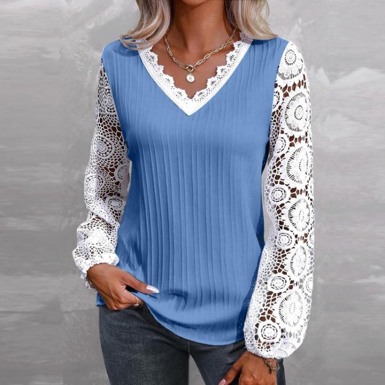 Loose Long Sleeve V Neck Lace Patchwork T Shirt Top Women Casual Tee