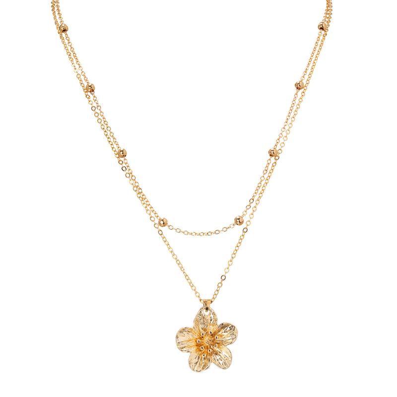 Fashionable And Elegant Metal Pleated Flower Pendant Necklace, Simple Five Petal Flower Collarbone Chain Necklace