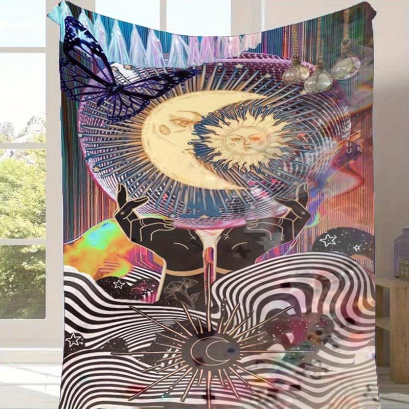 

1pc Moon and Butterfly Print Blanket, Soft Warm Throw Blanket Nap Blanket for Couch Sofa Office Bed Camping Travel, Multi-purpose Gift Blanket 130cmx150cm