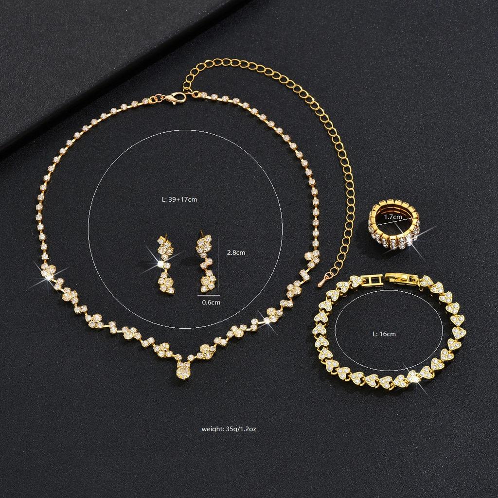 2026 Stylish Simple Bridal Accessories Gold Rhinestone Necklace Earrings Bracelet Ring Set