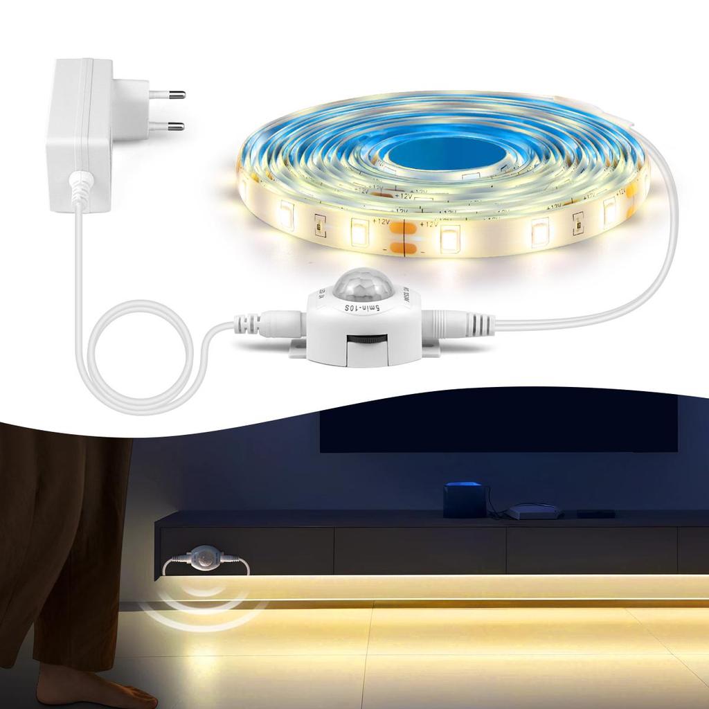 PIR Motion Sensor LED Under Cabinet Lights Cupboard Kitchen Bed Emergency Night Light DC 12V LED Strip Tape EU Power Aadpter