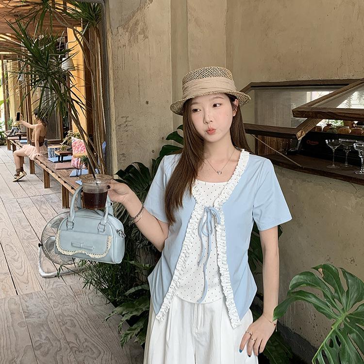 2026 Plus Size Women s Ruffle Lace Two-Piece Polka Dot Short Sleeve Top 3XL серый