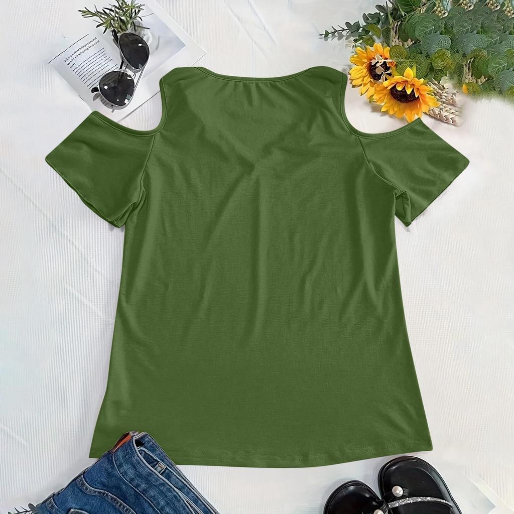 T-shirt casual da donna a maniche corte con spalle scoperte, allacciatura e girocollo, vestibilità comoda per l'uso quotidiano