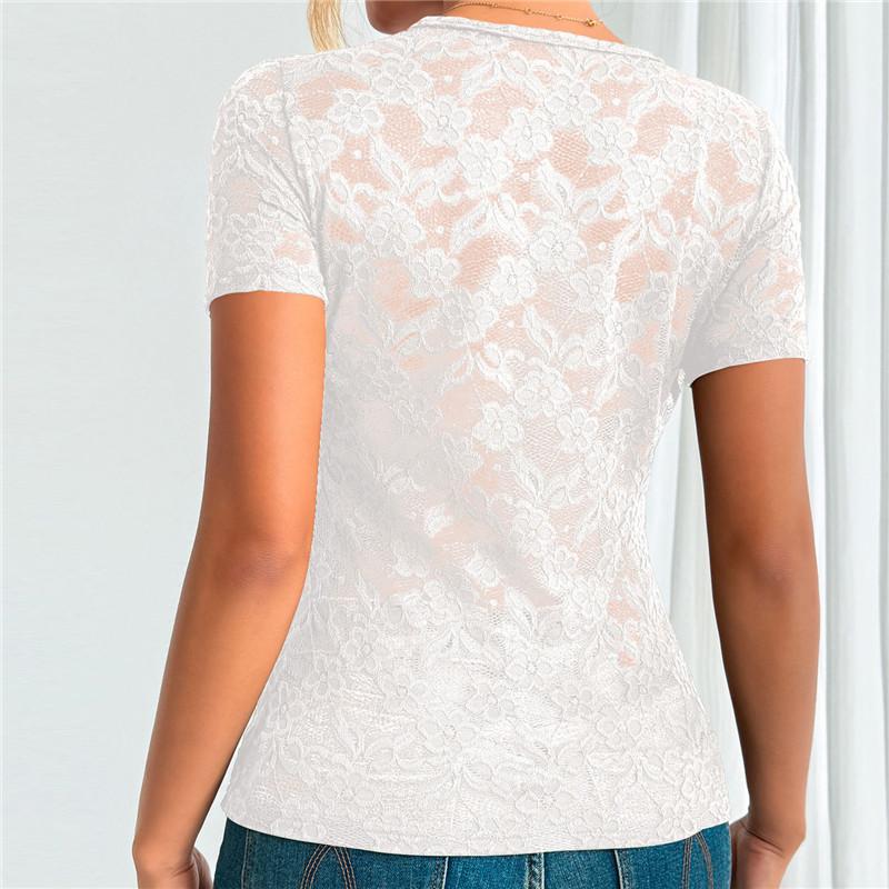 Spring Summer V-Neck Short Sleeve Lace Tshirt Woemen Solid Color Women's Slim Fit Thin Sexy Tshirt Elegant Semi Transparent Crop Tops