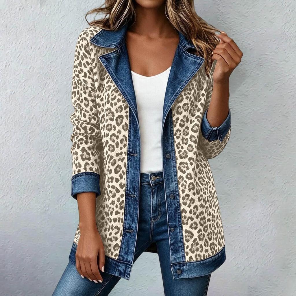 Women's Casual Real Denim Jacket with Leopard Print Patchwork Design for Daily Wear