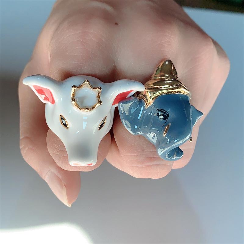 Exaggerated Enamel Drip Glaze Animals Large Ring Pig Bull Head Elephant Massive Rings Y2K Punk Jewelry Gift For Women