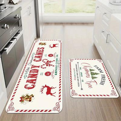 1Pcs Anti Fatigue Kitchen Rugs RElk Christmas Tree Print Waterproof Non-Slip Thick Cushioned Kitchen Mat Heavy Duty Comfort Standing Mat for Kitchen