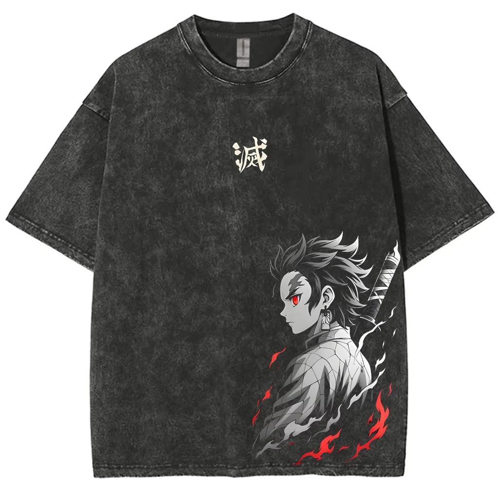 Streetwear Demon Slayer Vintage Washed Graphic TShirt Men Women Cotton Short Sleeve Anime Graphic Tee Casual Tops Yk Tee Shirt