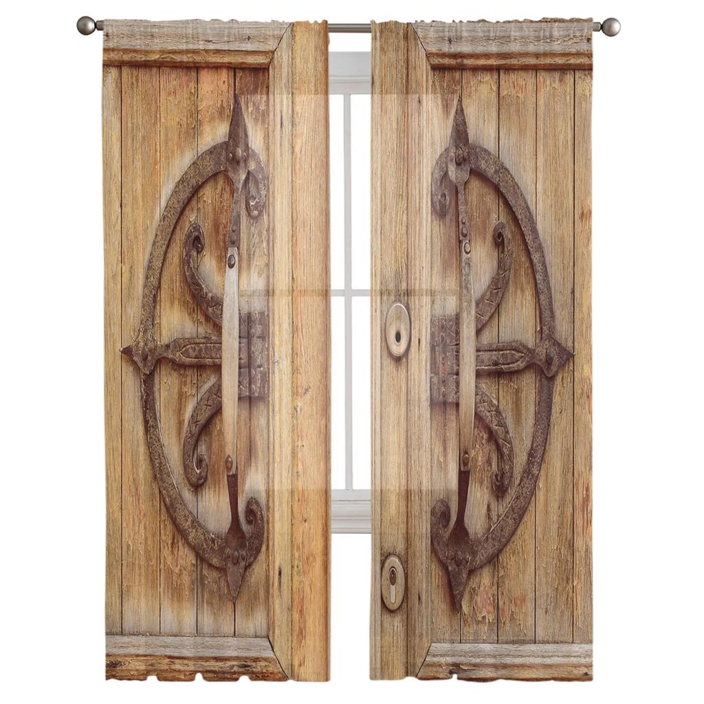 Moderne Vintage Holztür Türrahmen Tüllvorhänge Wohnzimmer Dekoration Chiffon Voile Küche Schlafzimmer Fenstervorhang mit Lichtfilterung Polyester