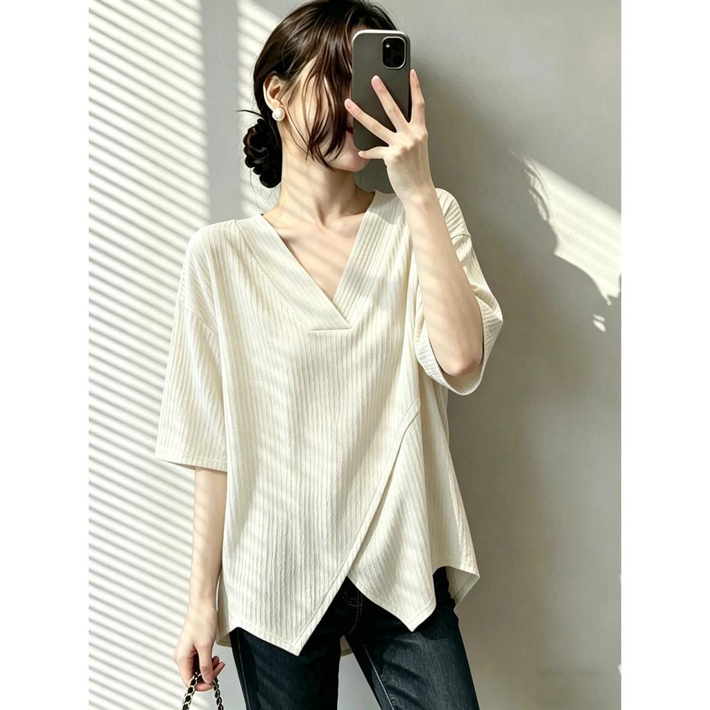 Texture v-neck front shoulder short-sleeved t-shirt women's summer large size fat mm loose and thin medium and long super good-looking top