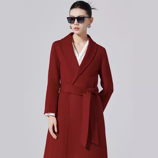 

Mori Style Women s Slim Fit Red Wool Coat - Double-Sided Cashmere with Kimono Shawl Collar and Straight Shoulders S [90-115 lbs]