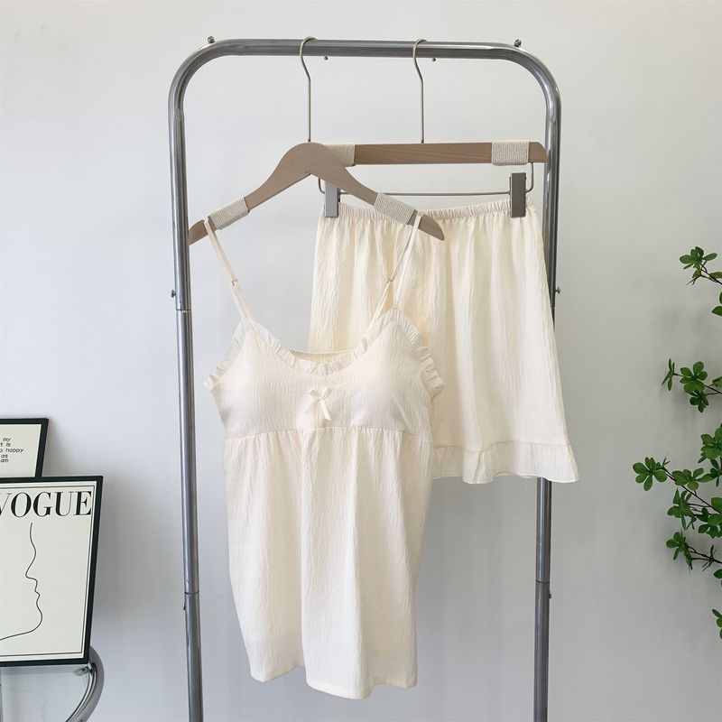 

Sweet Cute Young Adult Clouds Cotton Suspenders Shorts Pajamas Women s Homewear Suit with Chest Pad Bubble Cotton Two-piece Set Beige All yards