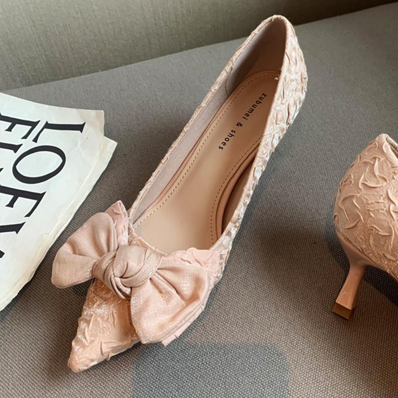 Satin High-heeled Shoes Women's New Pointed Toe Bowknot High-heeled Shoes Women's Slender Heels and Shallow Mouth Shoes Women