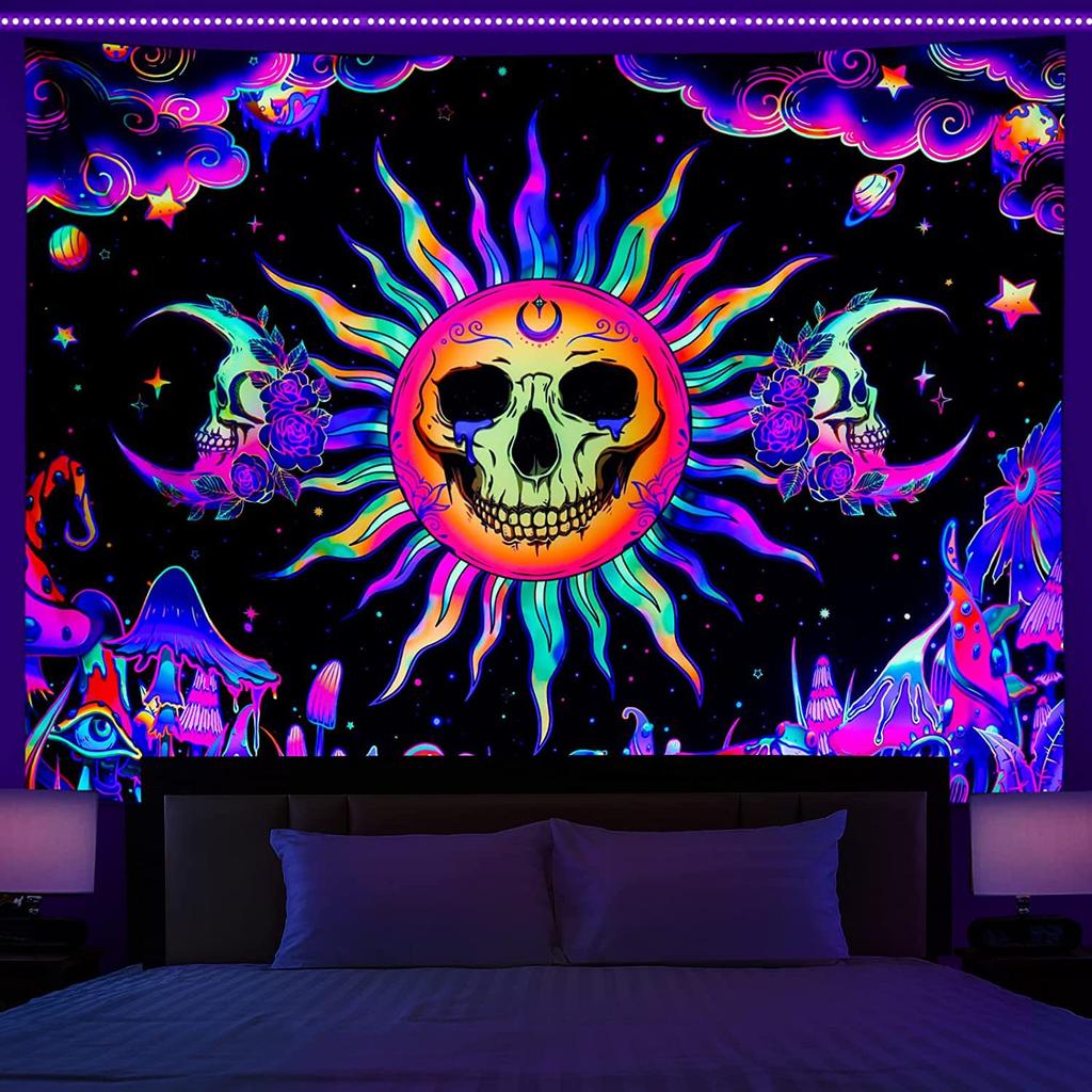 Psychedelic Black Light Skull Head Flourescent Tapestry UV Reactive Tapestries Wall Hanging Hippie Trippy  Home Decor