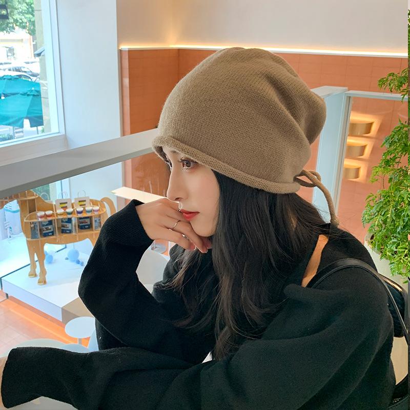 Drawstring Knitted Hat for Women in Autumn and Winter Curled Solid Color Pile Hat Pullover Cold Hat Showing Face Small Confinement Hat