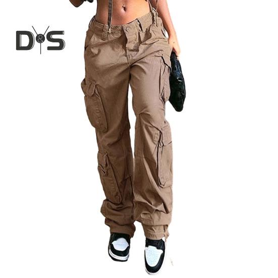 

Женские брюки-карго с эластичной талией в стиле хип-хоп, однотонные, с несколькими карманами, мягкие свободные прямые винтажные брюки с высокой талией, уличная одежда, женские длинные брюки на шнурке S светло-коричневого