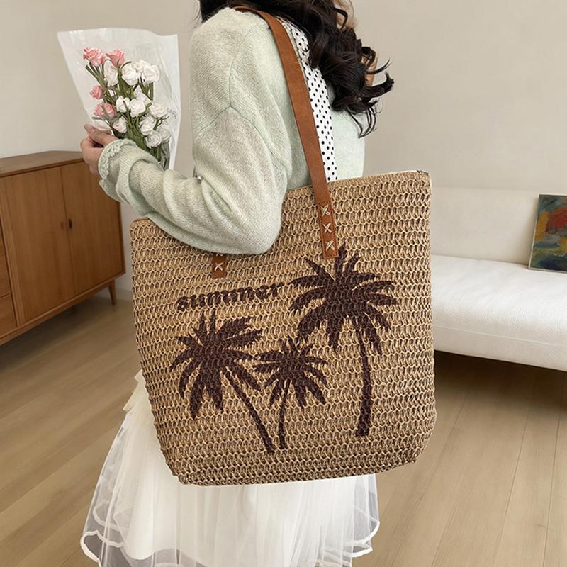 Summer Large Capacity Straw Beach Women's Tote Bags Coconut Tree Pattern Handbag Leather Strap Beach Shoulder Bag