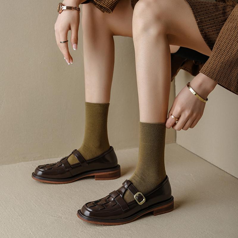 Fashion 2025 New Spring Women Shoes Genuine Leather Shoes Women Fashion Retro Flats Square Toe Low Heel Women Loafers Brown Shoes