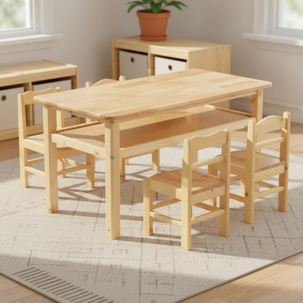 Hardwood Wood Kids Table and Chair Set Easy to Clean Kindergarten Classroom Table Wooden Craft Desk and Chair Set for Students