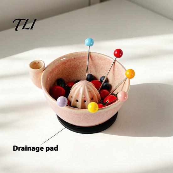 Stylish Kitchen Counter Accessories Berry Swirl Draining Bowl with Silicone Pad, Ceramic Retro Kiln Decorative for Tabletop Fired Colander,