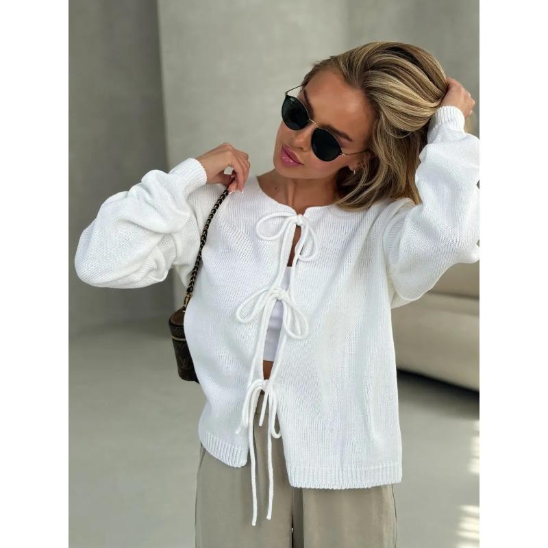 Lace-up Knitted Cardigan Autumn New Loose Round Neck Long-sleeved Sweater Women