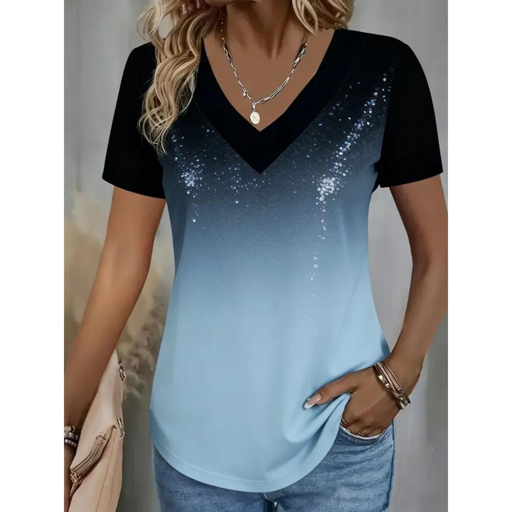 Creative Colorful Pattern Summer Soft Fashionable Comfortable Women's T-Shirts Casual Breathable Loose V-Neck Short-Sleeve T-Shirt