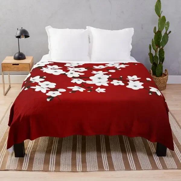 White Pink Cherry Blossom Flannel Throw Blanket Romantic Flowers King Queen Full Size For Living Room Sofa Couch Lightweight