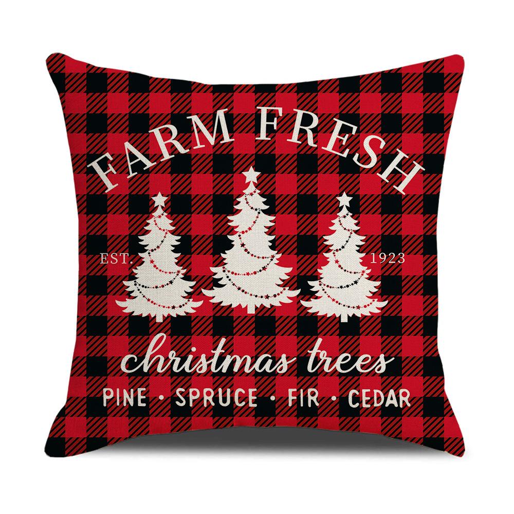 Red and Black Plaid Christmas Pillow Cover Cartoon Print Linen Sofa Cushion Cover Pillow