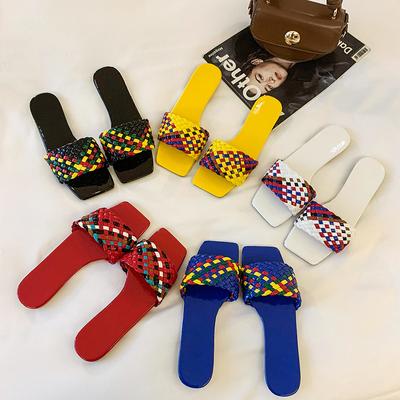 Large Size Slippers Women's 2021 New Color Woven Square Toe Fashion Flat-bottomed Sandals Women