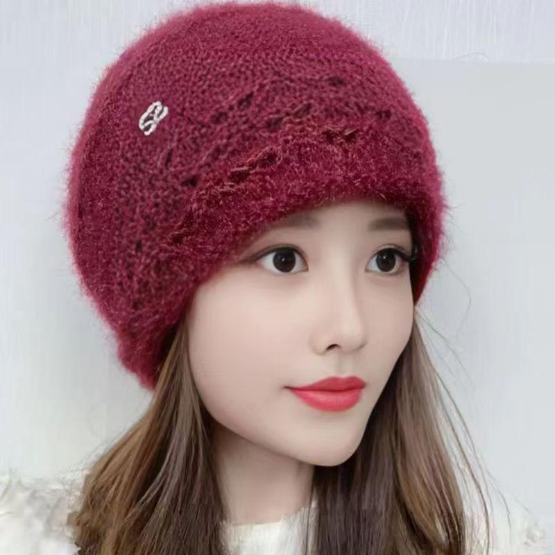 WTEMPO Retro Vintage Solid Winter New Double-layer Knitted Hollow Flower Squirrel Velvet Warm Small Crimping Stack Ear Protector Bag Head Women's Hat
