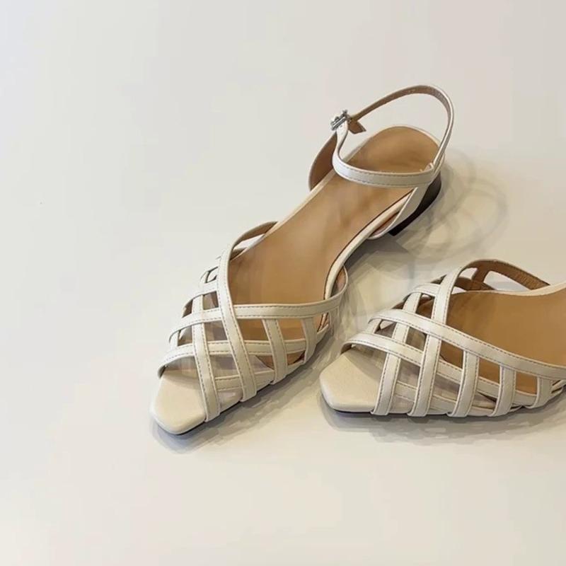 Cowhide version~ French woven hollow pointed open-toed one-word sandals women's new summer thick-heeled Roman shoes