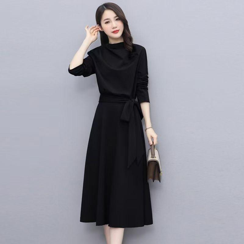 Elegant A-line Long Sleeve High Neck Dress with Bow Tie for Women - Spring/Autumn Collection