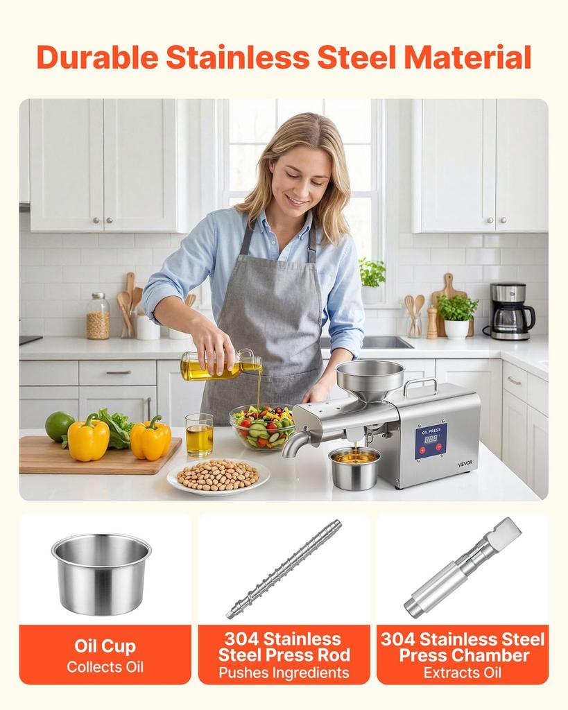 Oil Press Machine, 3.75KG/H Capacity, 750W Oil Extractor Machine, Automatic Electric Oil Maker for Home Commercial Use, 50-300 Hot Pressing for