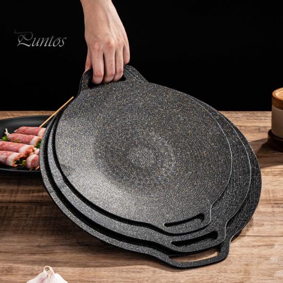 Korejská BBQ grilovací pánev s nepřilnavým kulatým pekáčem pro vnitřní vaření, grilovací plech s rukojeťmi, litinová pánev pro domácí kempování
