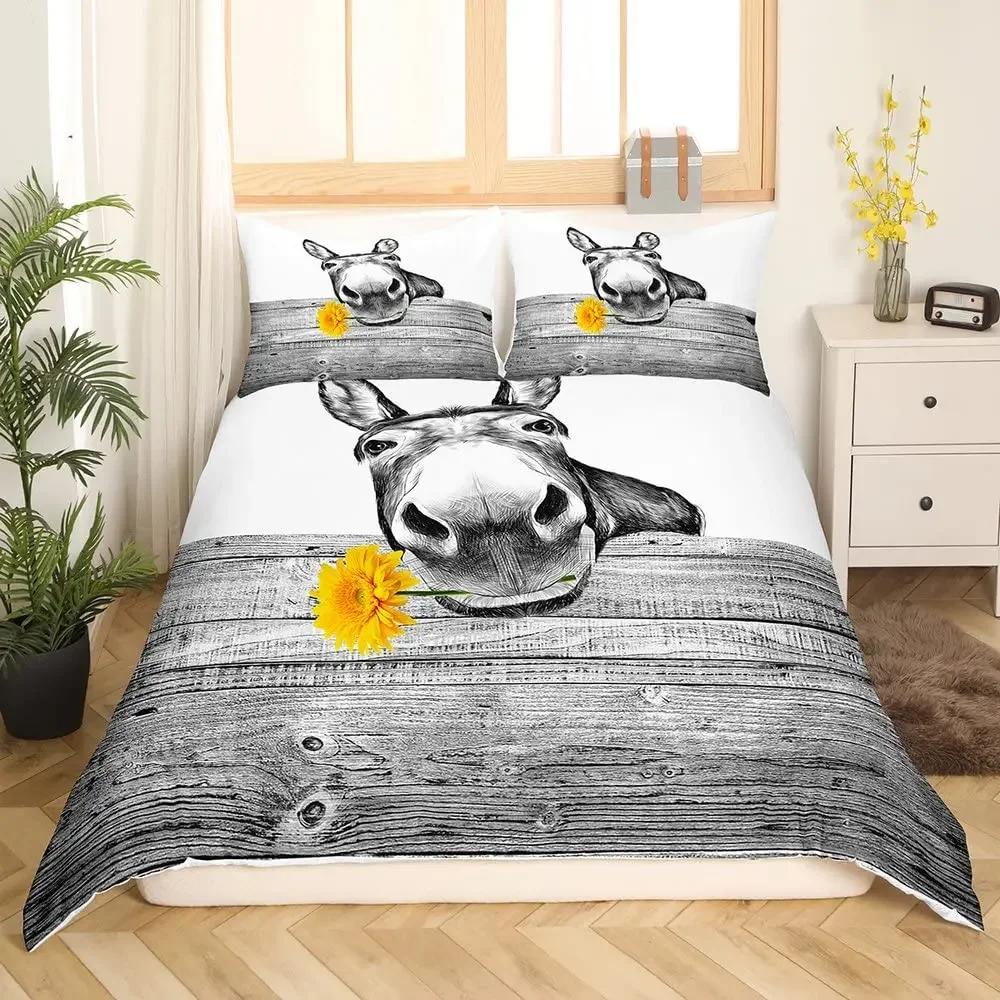 Donkey Duvet Cover King Queen Funny Cartoon Animal Printed Bedding Set For Kids Teens Adults Cute Farm Animals Soft Quilt Cover