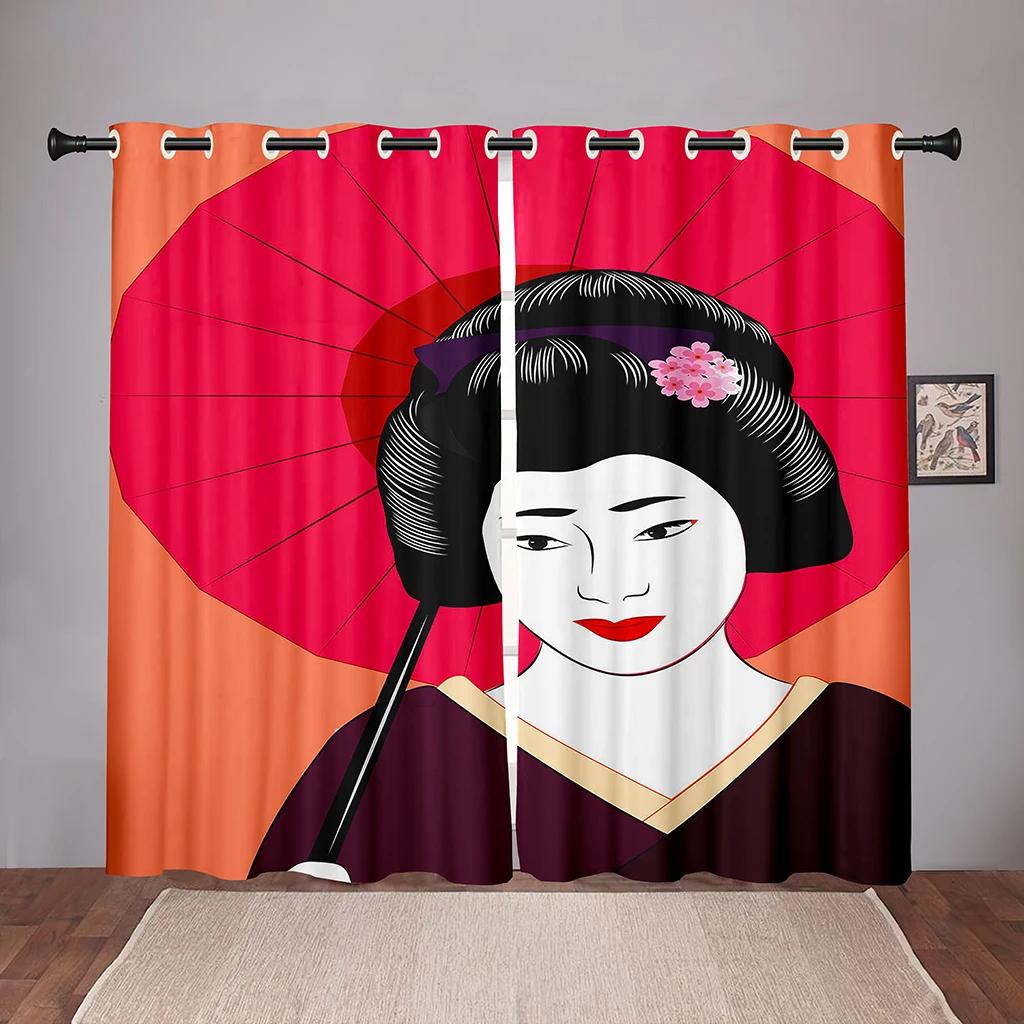 

Японская традиционная гейша, затемняющая занавеска для окна для спальни, гостиной, ванной, кухни, двери, высокое затемнение, новая W55 X H120cm X 2&Grommet Top