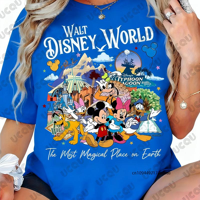 The Disney Mickey Family Graphics Print Tshirt For Women Summer New Short Sleeve Cotton Tees Casual Streetwear Couple Tops