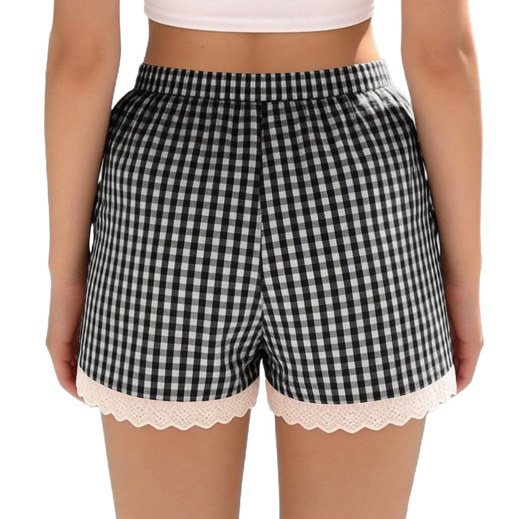 Women Fashion Plaid Lace Trim Elastic Waistband Casual Shorts Soft Breathable Lightweight Summer Bottoms