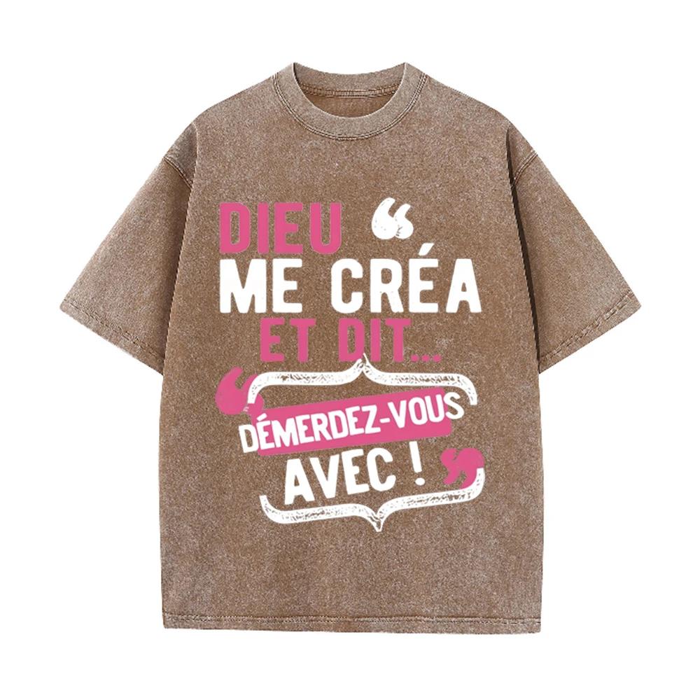 2026 Vintage Acid Wash French Letter Print T Shirt Unisex Oversized Crew Neck Drop Shoulder Short Sleeve Tee Retro Streetwear Su