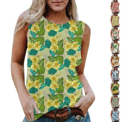 Women's Round Neck Casual Sleeveless X Hawaiian Printed Vest T-shirt Top