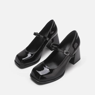 Talons hauts rétro pour femmes style collège noir boucle un mot bout carré semelle épaisse talon épais petites chaussures en cuir Mary Jane chaussures simples