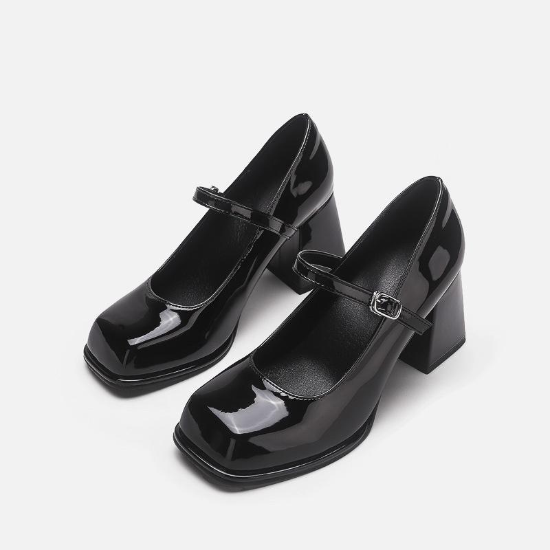 High heels women's retro black college style one-word buckle square head thick sole thick heel small leather shoes Mary Jane single shoes