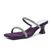Fashion crystal double band high heels slippers women luxury designer purple flock slides party shoes woman rhinestone flip flops 2025