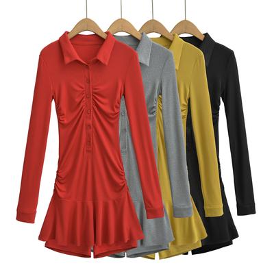 Personalized Pleated Slim Elastic Long-sleeved Dress for Women, Design Polo Collar Spice Girl Splicing Short Skirt, Free Shorts