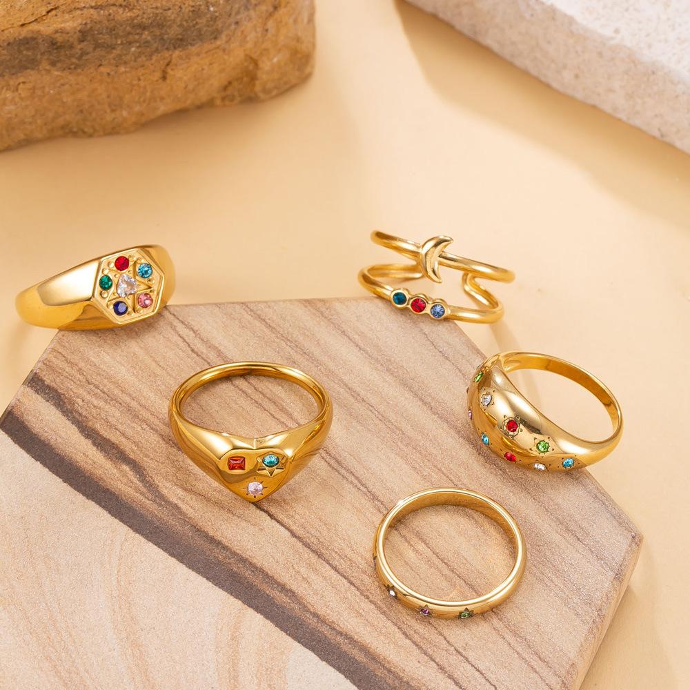 Stainless Steel Ring Casting Heart Inlaid with Colored Diamonds Stackable Ring Light Luxury High-End Feel Titanium Steel Jewelry Factory