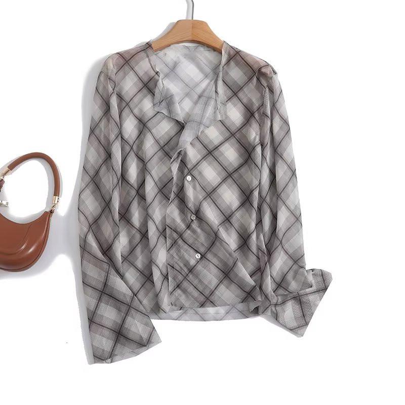 

BM&MD&ZA Women s Semi-Sheer Plaid Long Sleeve Shirt - Spring/Summer Fashion Small