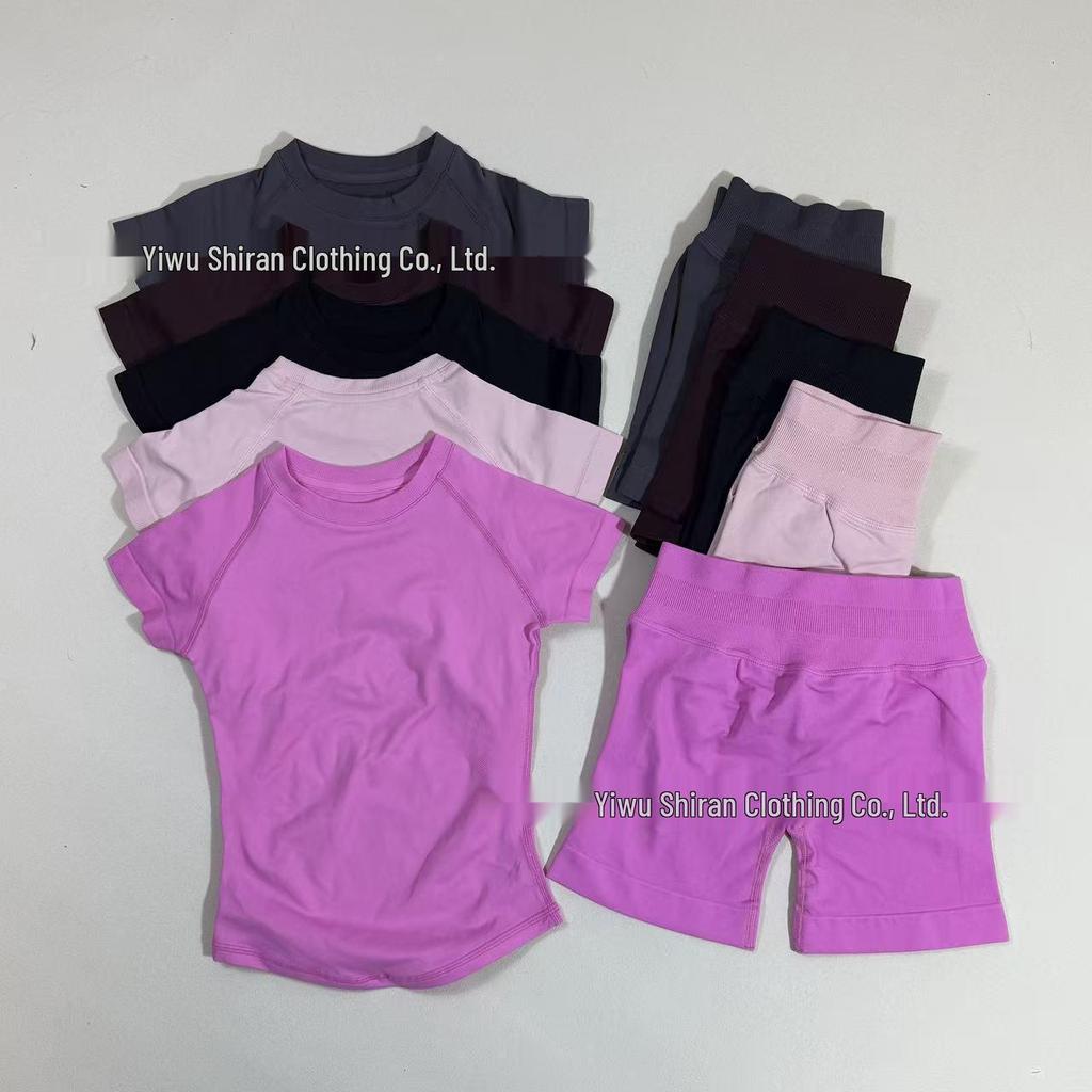 Damen nahtloses kurzärmeliges Sportset mit hoher Elastizität und atmungsaktivem schweißableitendem T-Shirt