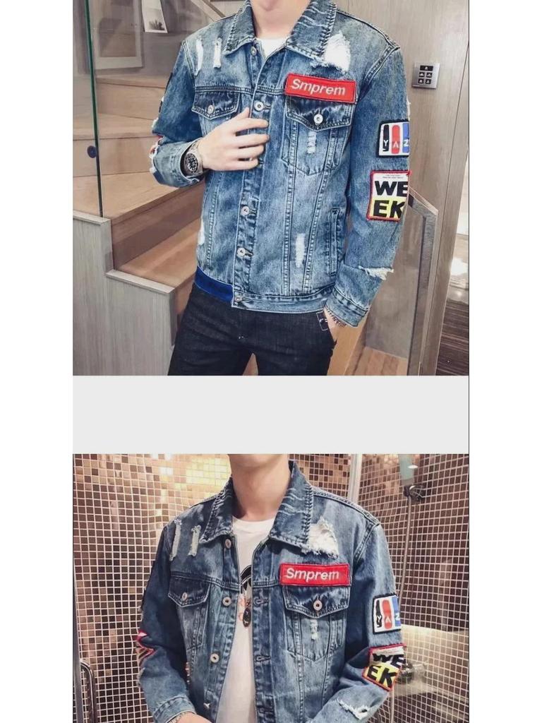 Men's Ripped Denim Jacket: Trendy Japanese Retro Fashion, Street Style with Embroidered Label, Handsome Workwear Top