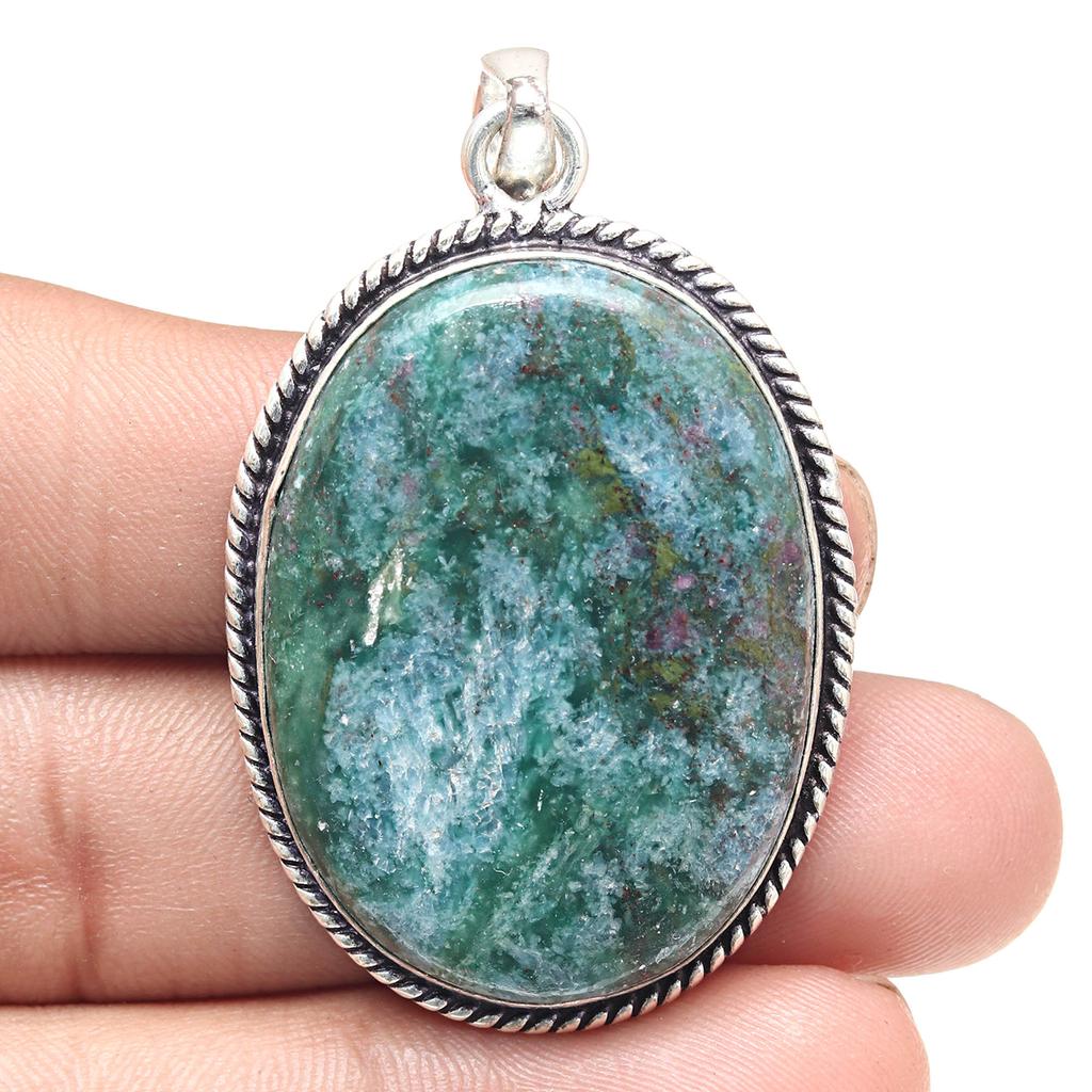 Pendant Fuchsite Cabochon Gemstone Valentine'Day Gift Silver Jewelry 2.25"
